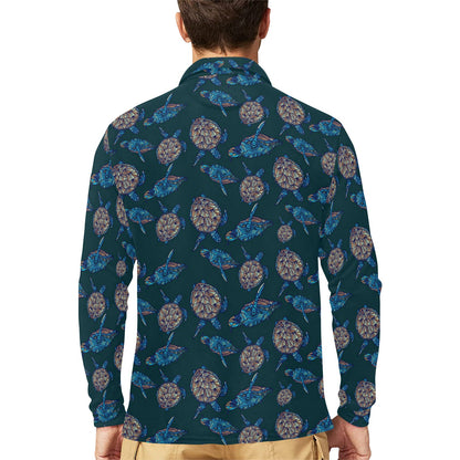 Sea Turtle Hand Drawn Blue Print Long Sleeve Polo Shirt For Men's