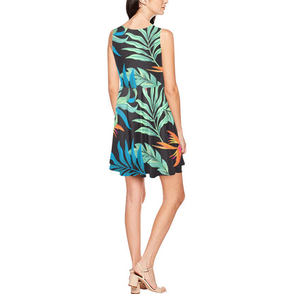 Tropical Palm Leaves Hawaiian Flower Sleeveless Dress