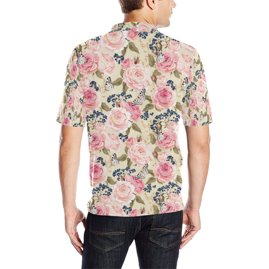 Floral Pink Butterfly Print Men Polo Shirt