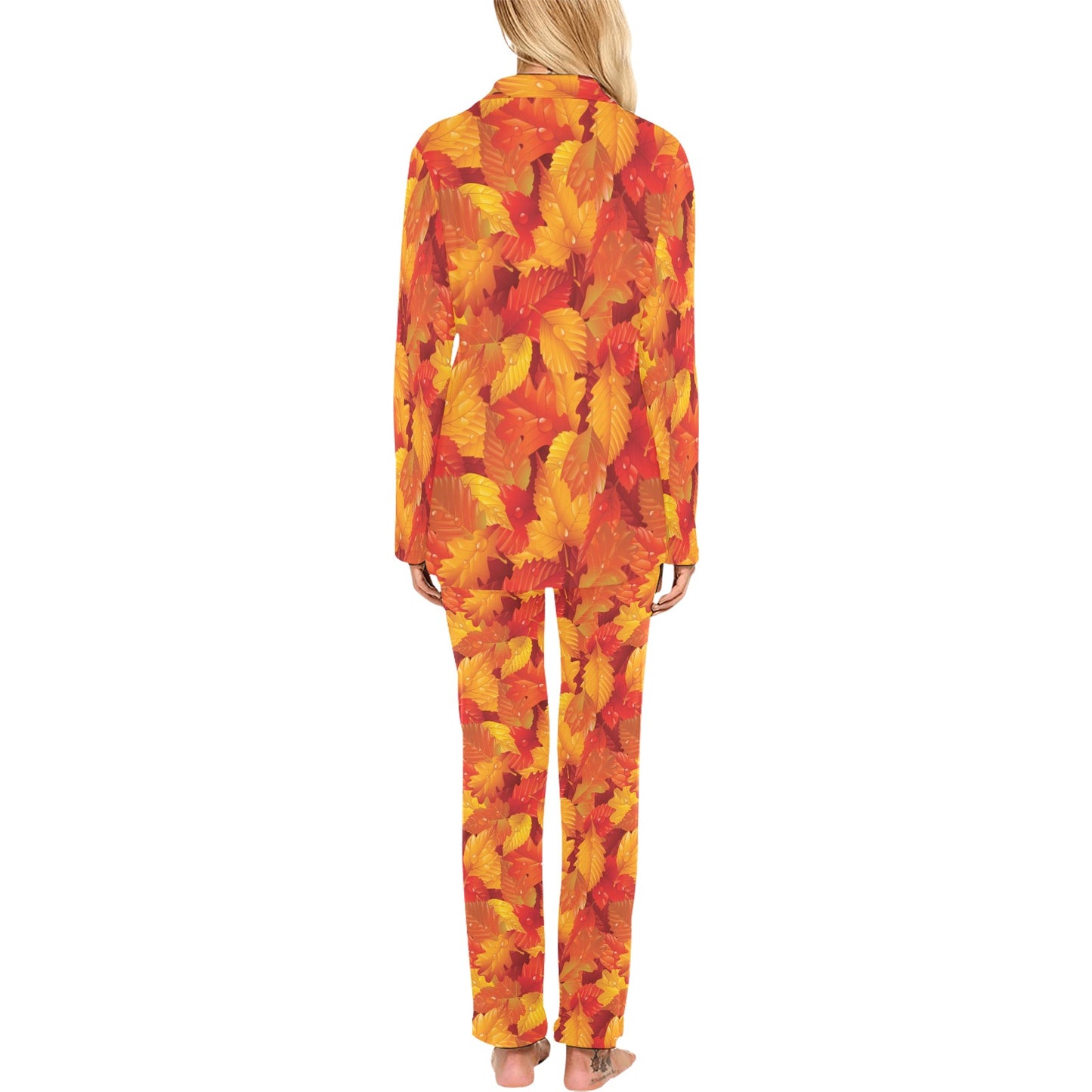Elm Leave Autum Print Pattern Women's Long Pajama Set