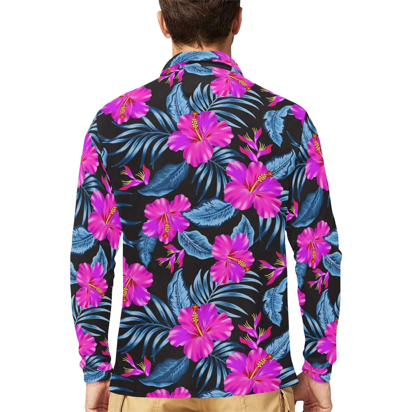 Neon Pink Hibiscus Pattern Print Design HB015 Long Sleeve Polo Shirt For Men's