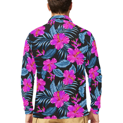 Neon Pink Hibiscus Pattern Print Design HB015 Long Sleeve Polo Shirt For Men's