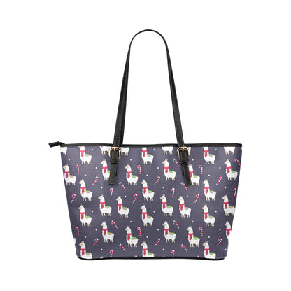 Llama with Candy Cane Themed Print Leather Tote Bag