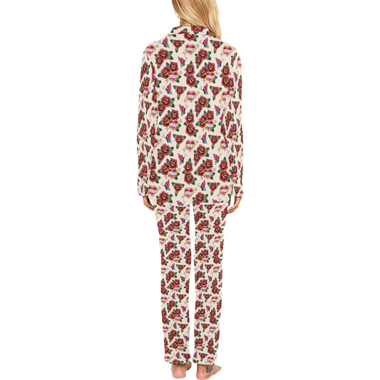Old School Tattoo Rose Pattern Women's Long Pajama Set