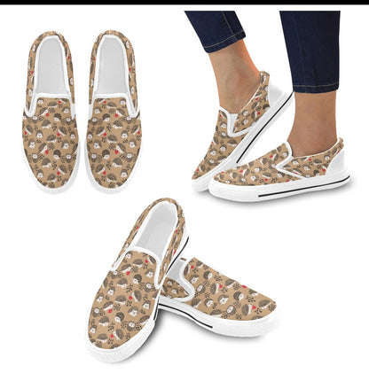 Hedgehog Print Design LKS403 White Slip Ons Canvas Women's Shoes