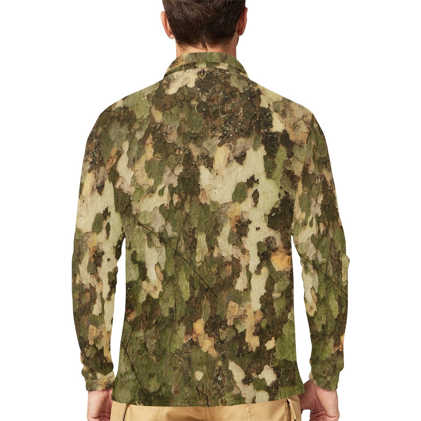 Camo Realistic Tree Texture Print Long Sleeve Polo Shirt For Men's