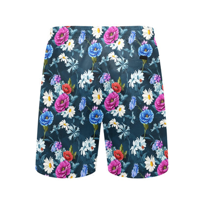Floral Blue Themed Print Men's Swim Trunks Beach Shorts