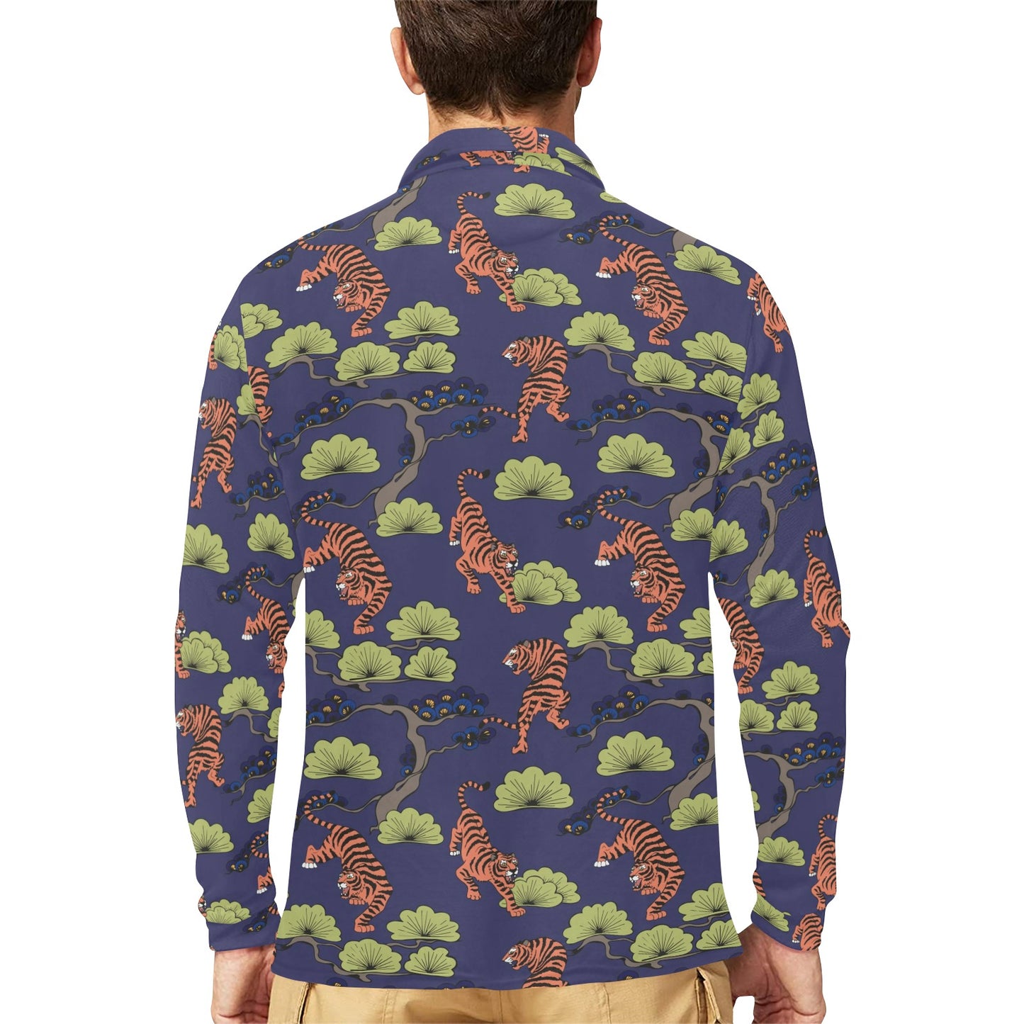 Tiger Pattern Japan Style Long Sleeve Polo Shirt For Men's