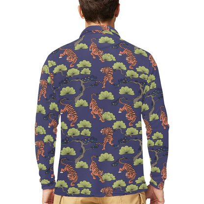 Tiger Pattern Japan Style Long Sleeve Polo Shirt For Men's