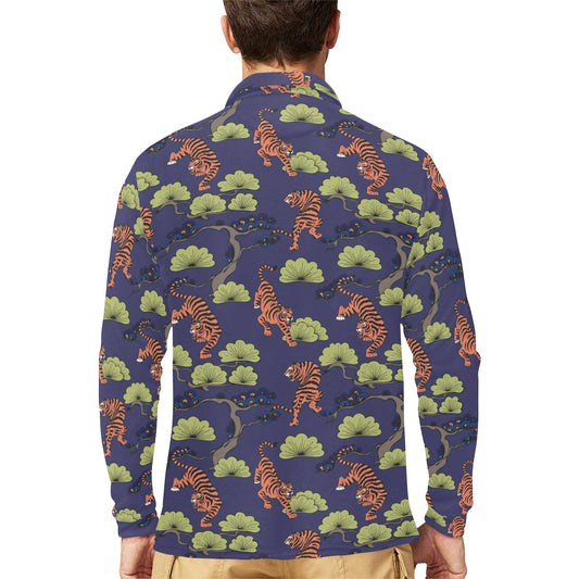 Tiger Pattern Japan Style Long Sleeve Polo Shirt For Men's
