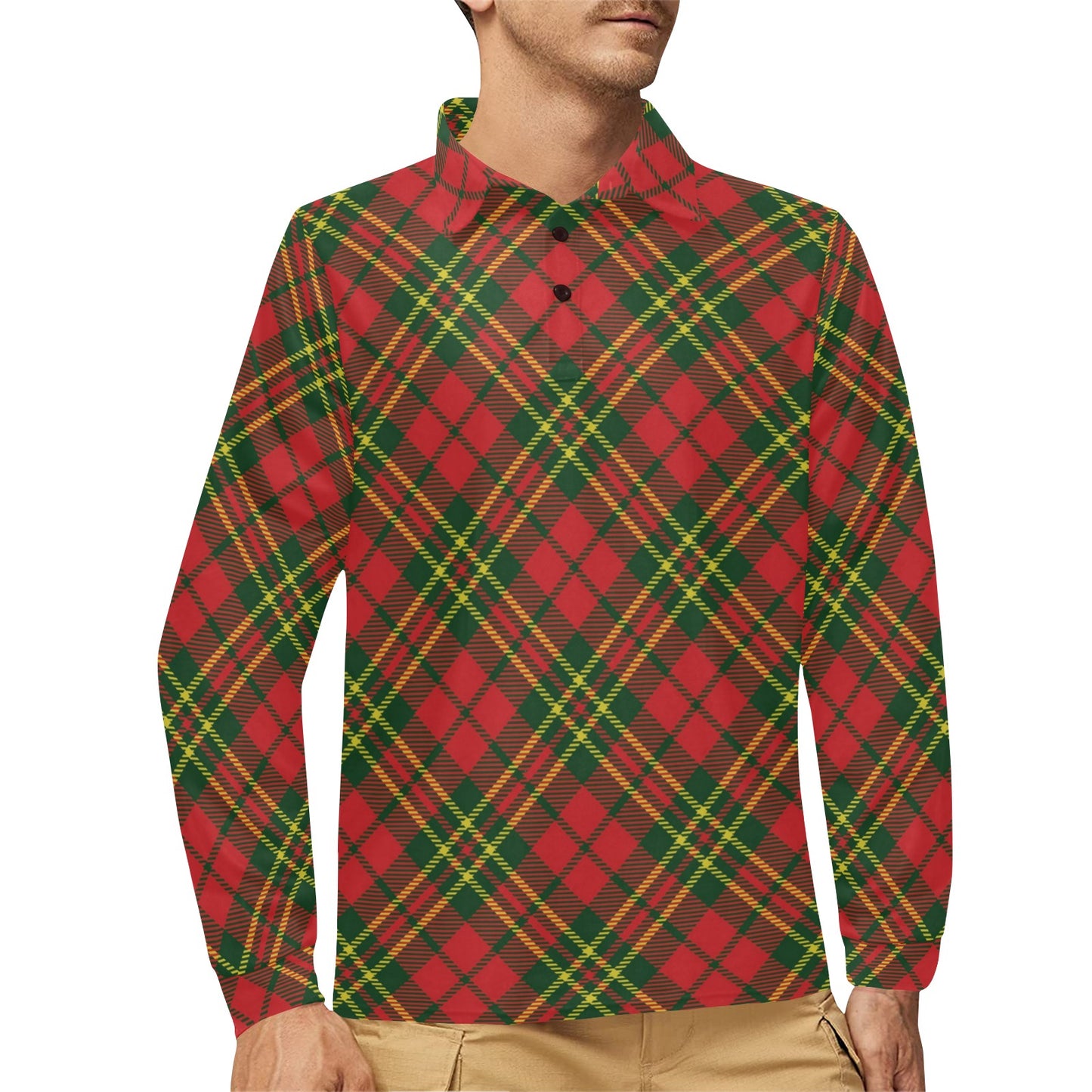 Plaid Holiday Pattern Print Design A01 Long Sleeve Polo Shirt For Men's