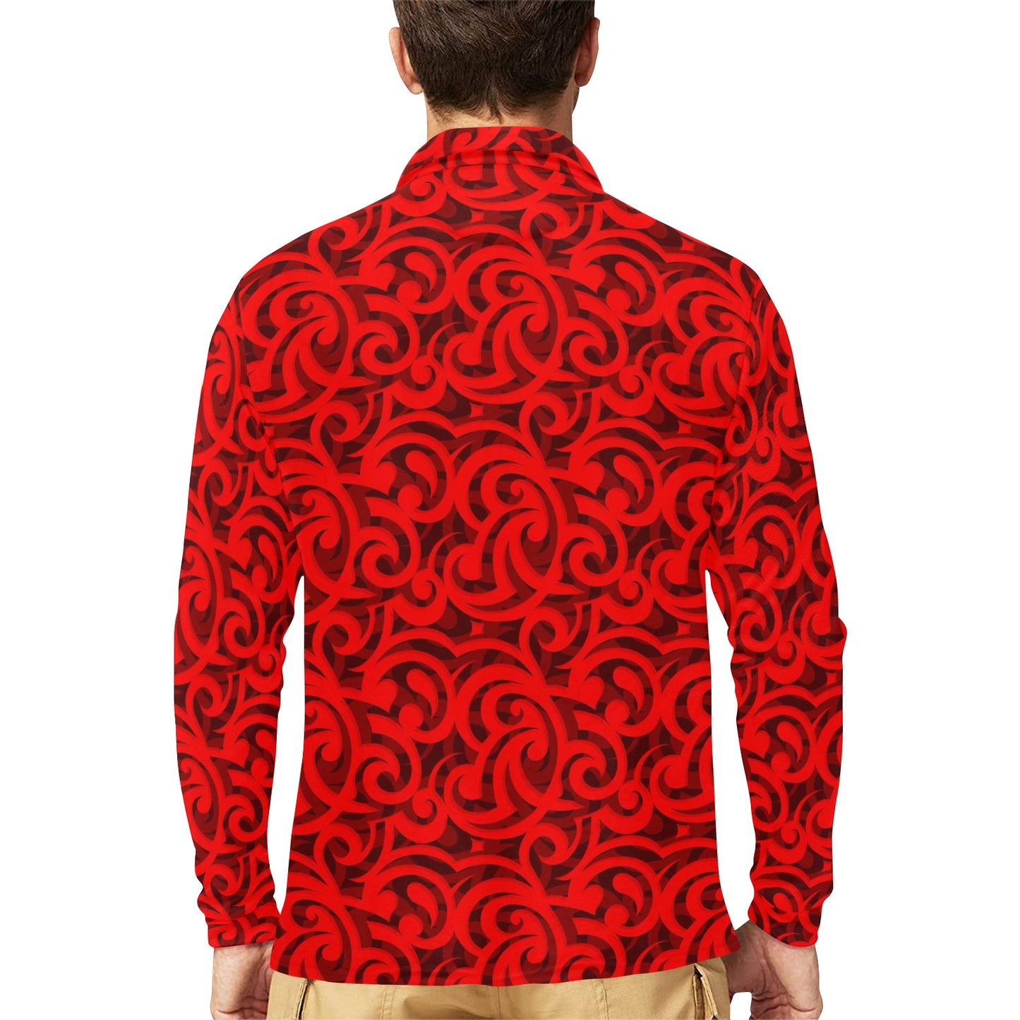 Maori Red Themed Design Print Long Sleeve Polo Shirt For Men's