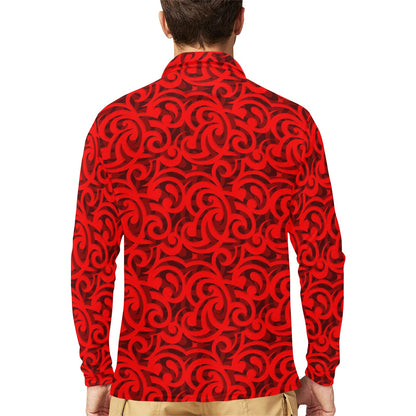Maori Red Themed Design Print Long Sleeve Polo Shirt For Men's