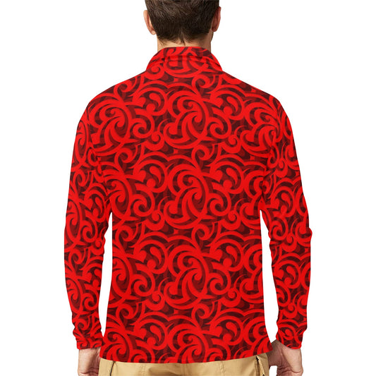 Maori Red Themed Design Print Long Sleeve Polo Shirt For Men's