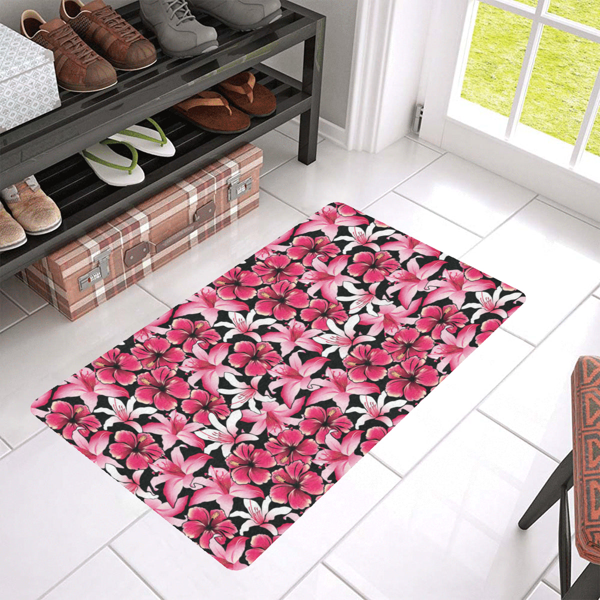 Flower Hawaiian Pink Red  Hibiscus Print Rubber Doormat