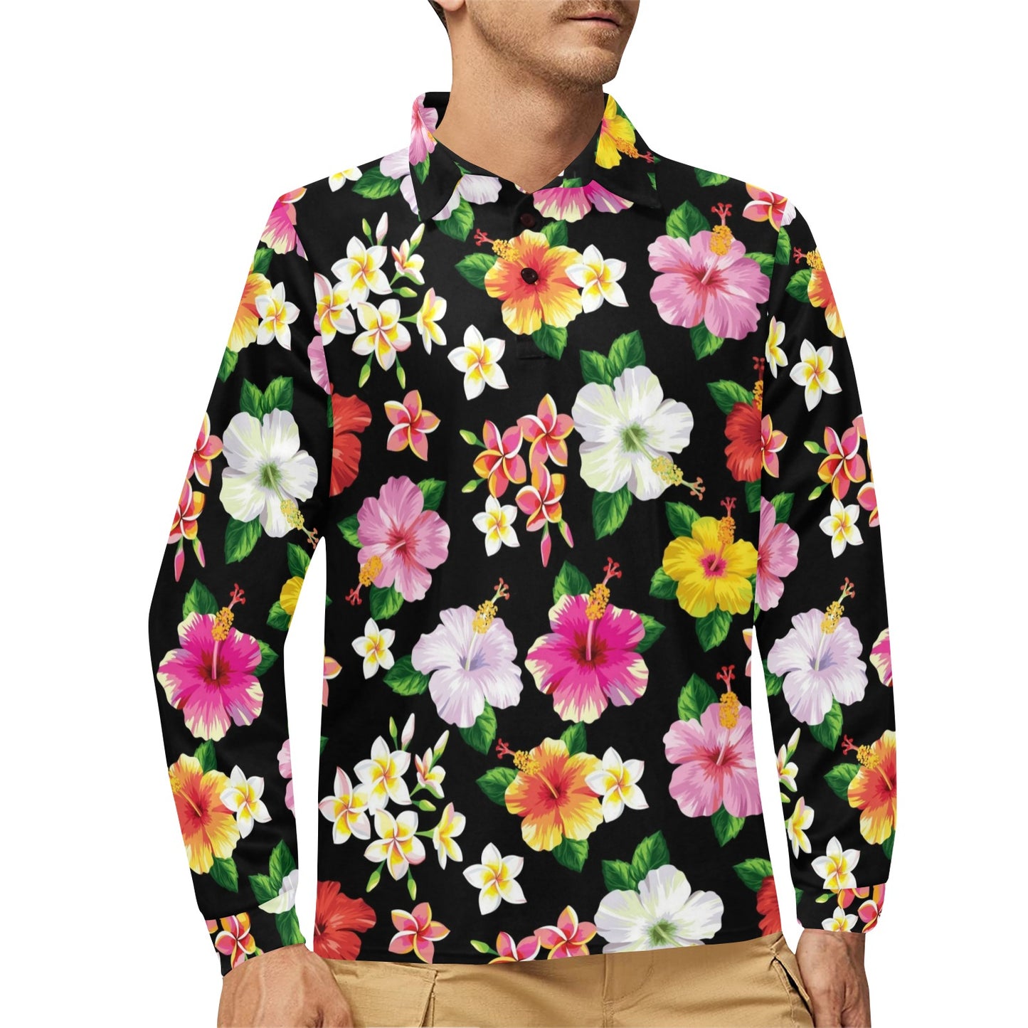 Hibiscus Pattern Print Design HB025 Long Sleeve Polo Shirt For Men's