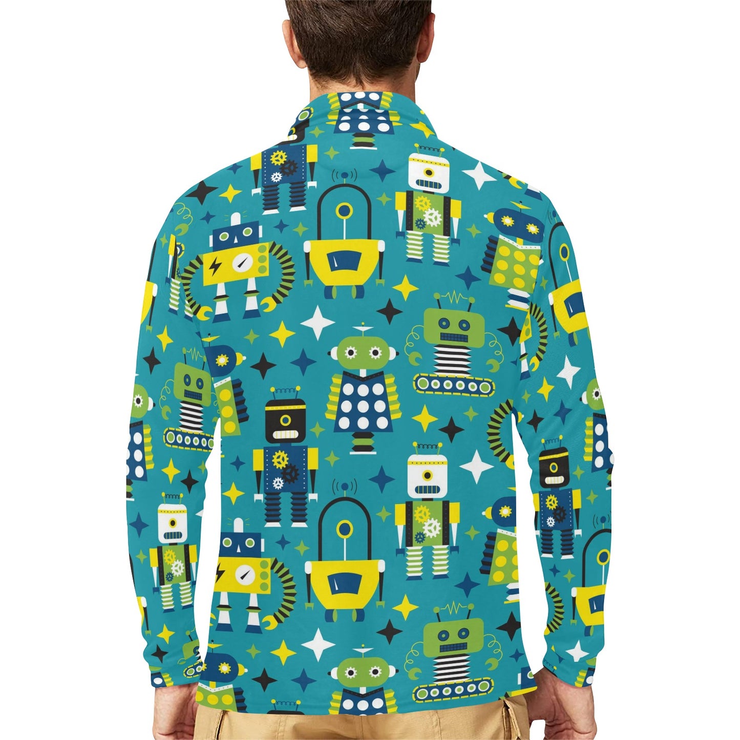 Robot Pattern Print Design A02 Long Sleeve Polo Shirt For Men's