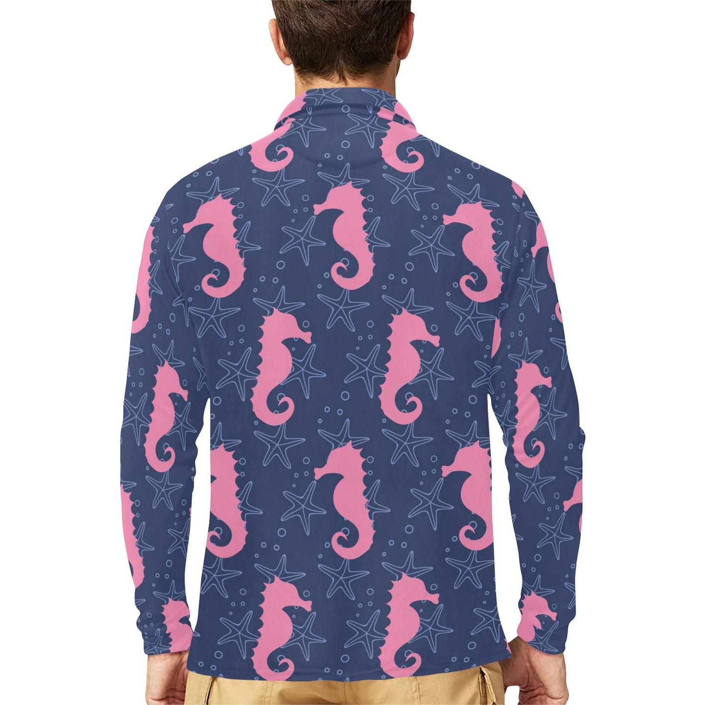 SeaHorse Pink Pattern Print Design 02 Long Sleeve Polo Shirt For Men's