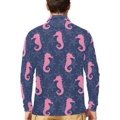 SeaHorse Pink Pattern Print Design 02 Long Sleeve Polo Shirt For Men's