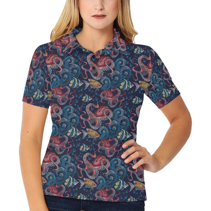 Underwater Giant Squid Print Design LKS302 Women's Polo Shirt