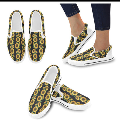 Sunflower Print Design LKS306 White Slip Ons Canvas Women's Shoes