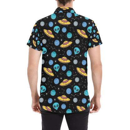 UFO Alien Print Design LKS306 Men Short Sleeve Button Up Shirt