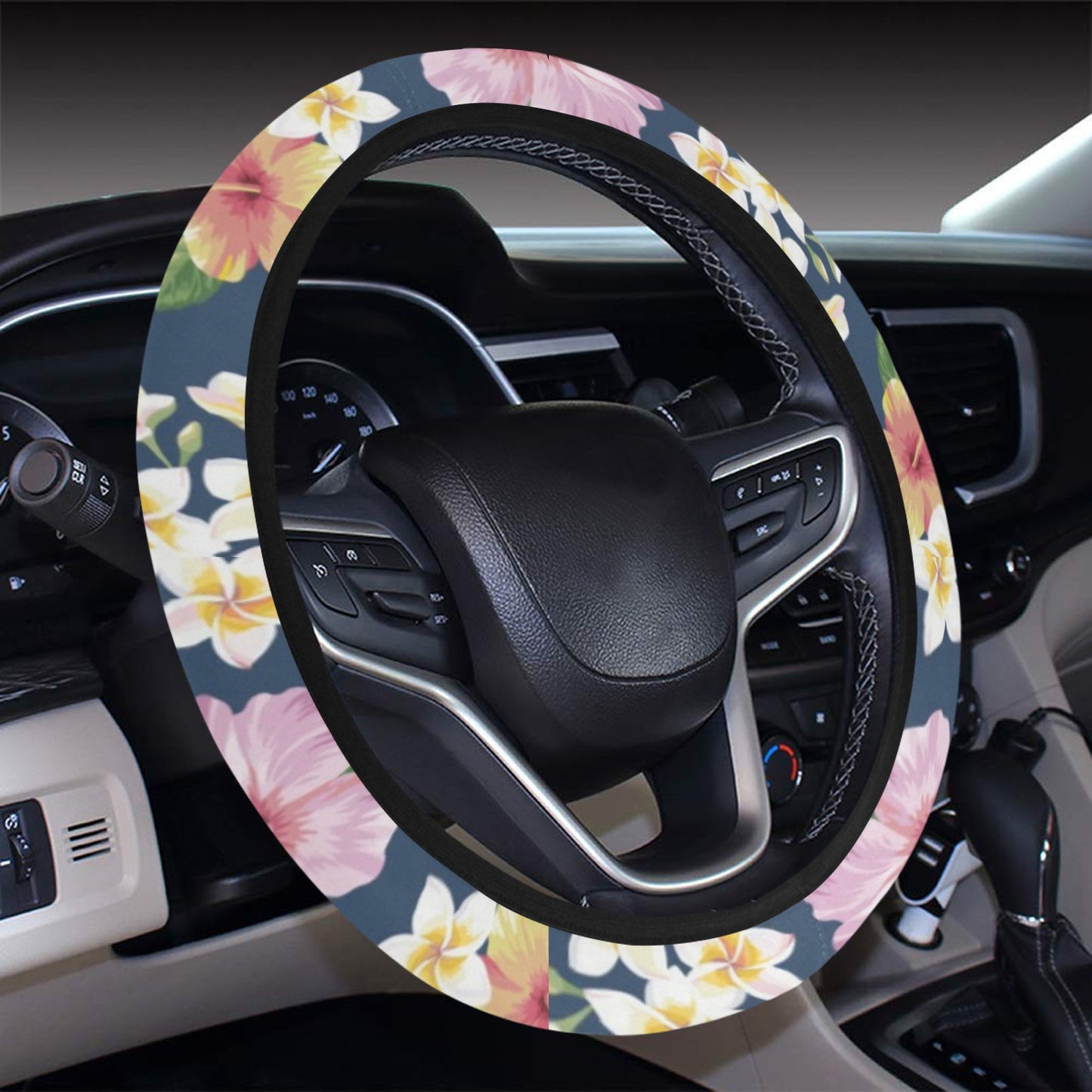 Hibiscus Sweet Print Design LKS304 Steering Wheel Cover with Elastic Edge