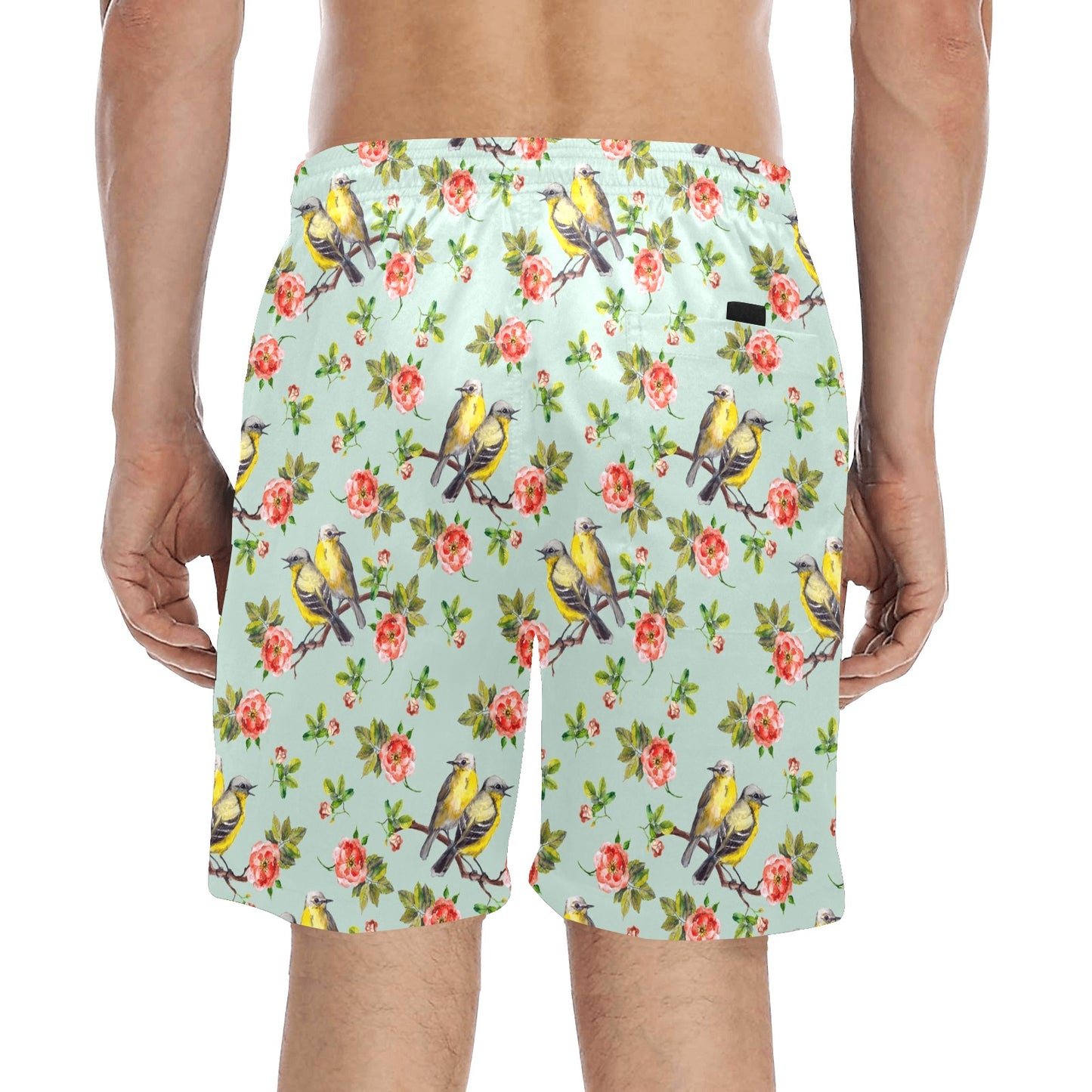 Bird with Red Flower Print Pattern Men's Swim Trunks Beach Shorts