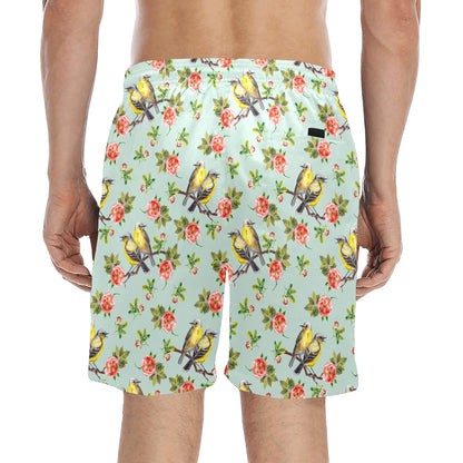 Bird with Red Flower Print Pattern Men's Swim Trunks Beach Shorts