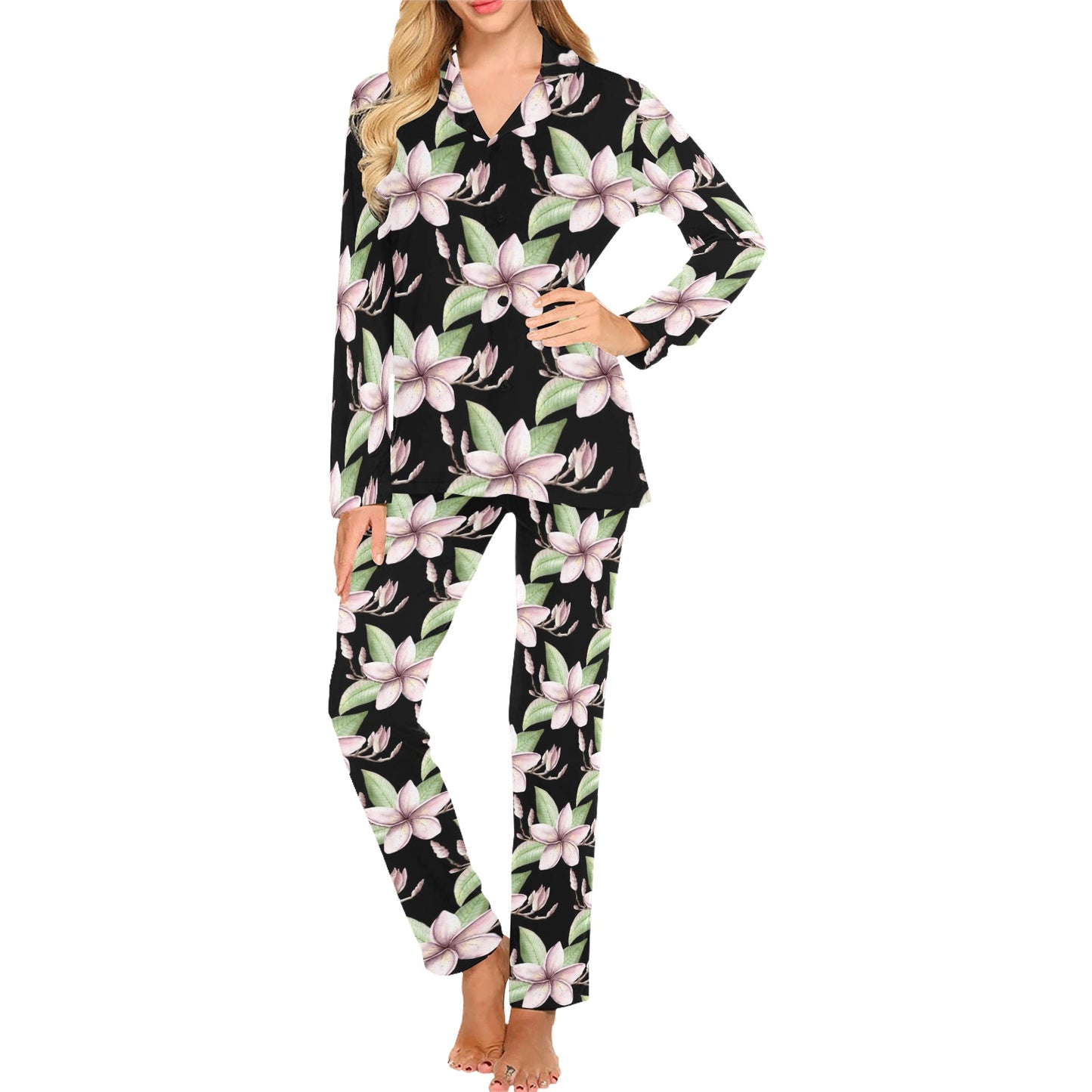 Plumeria Pattern Print Design PM02 Women's Long Pajama Set