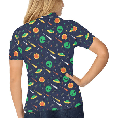 Alien UFO Pattern Print Design 05 Women's Polo Shirt