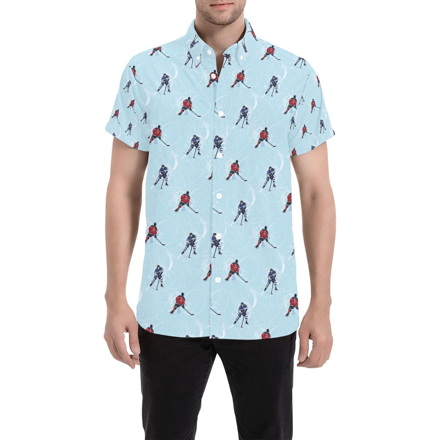 Hockey Player Print Design LKS302 Men Short Sleeve Button Up Shirt