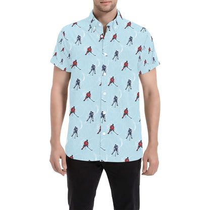 Hockey Player Print Design LKS302 Men Short Sleeve Button Up Shirt