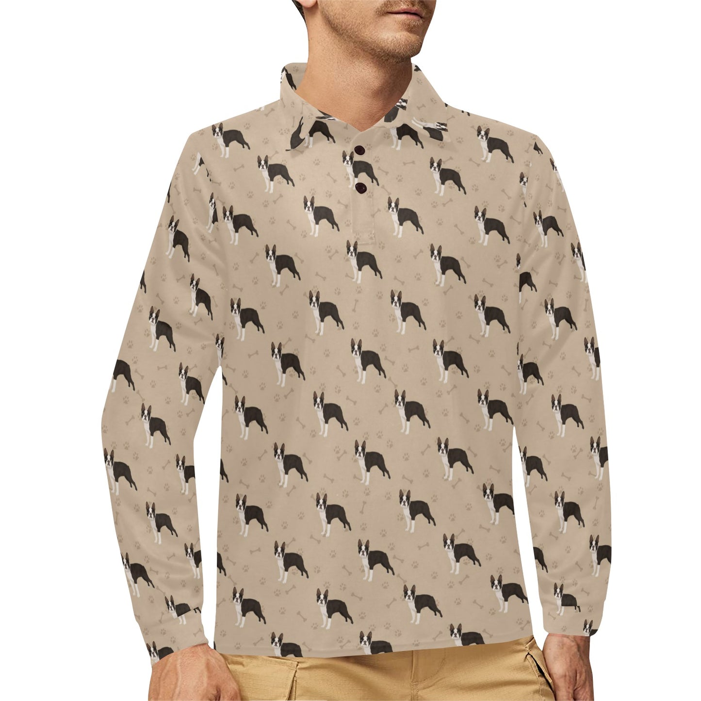 Boston Terrier Pattern Print Design 02 Long Sleeve Polo Shirt For Men's