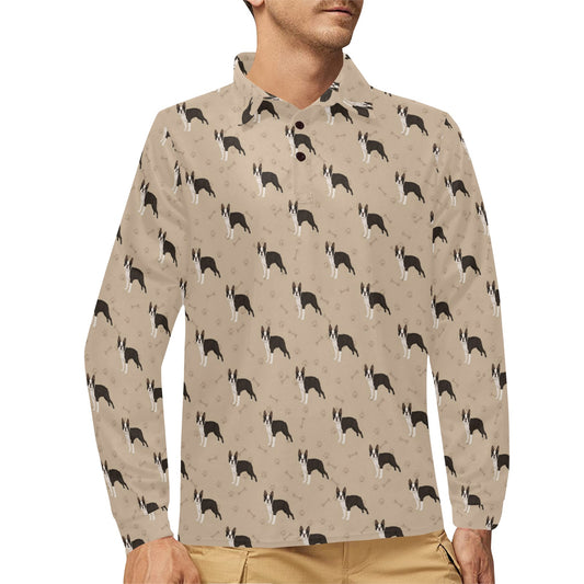 Boston Terrier Pattern Print Design 02 Long Sleeve Polo Shirt For Men's