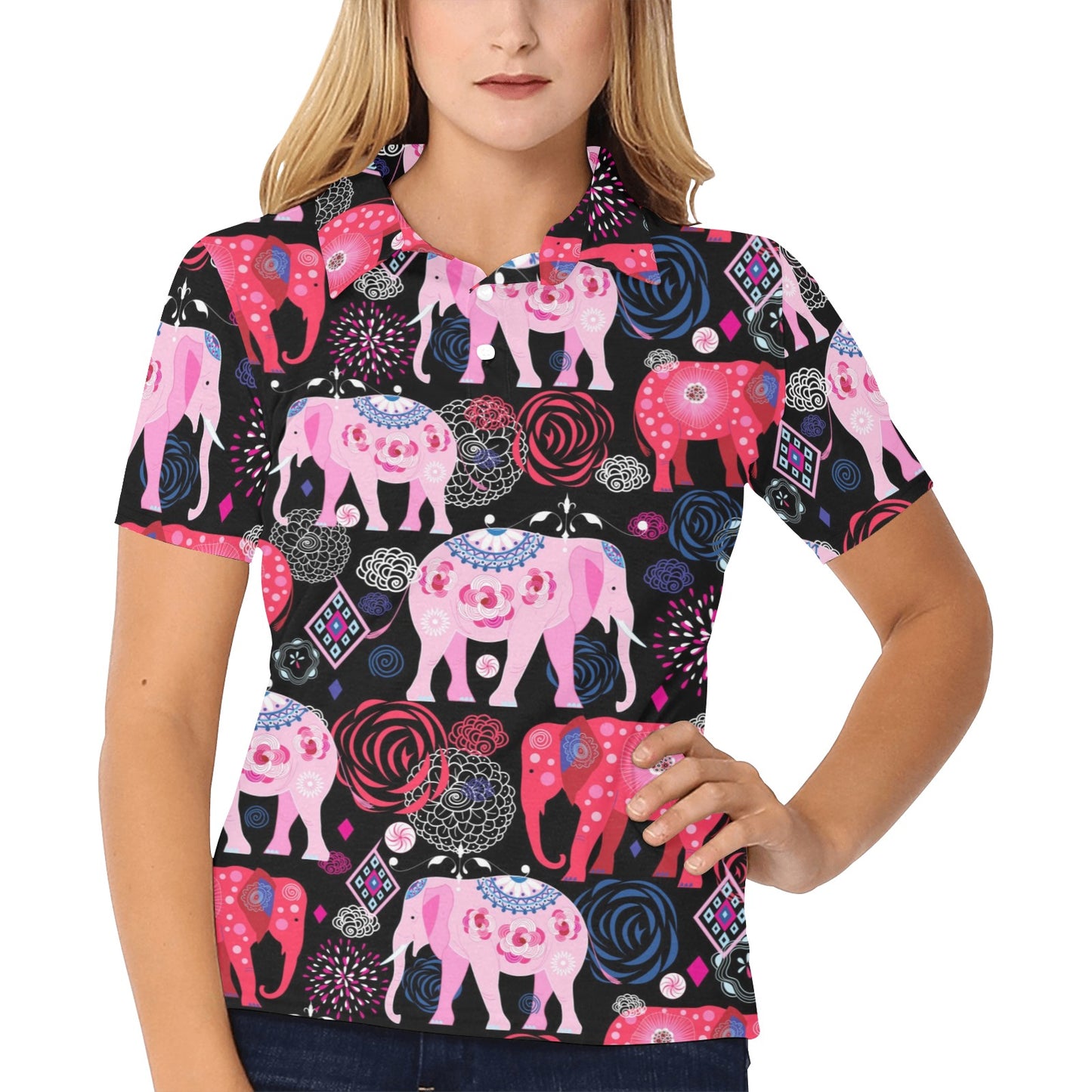 Pink Elephant Pattern Women's Polo Shirt