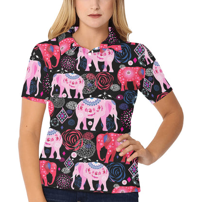Pink Elephant Pattern Women's Polo Shirt