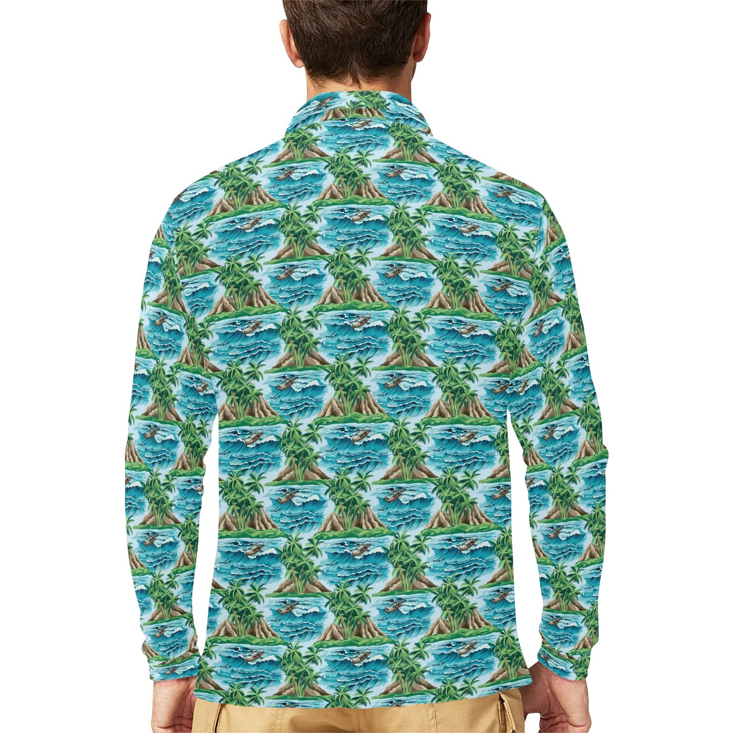 Palm Tree Hawaiian Themed Design Print Long Sleeve Polo Shirt For Men's