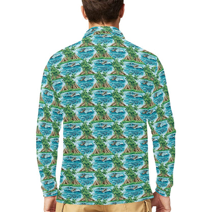 Palm Tree Hawaiian Themed Design Print Long Sleeve Polo Shirt For Men's