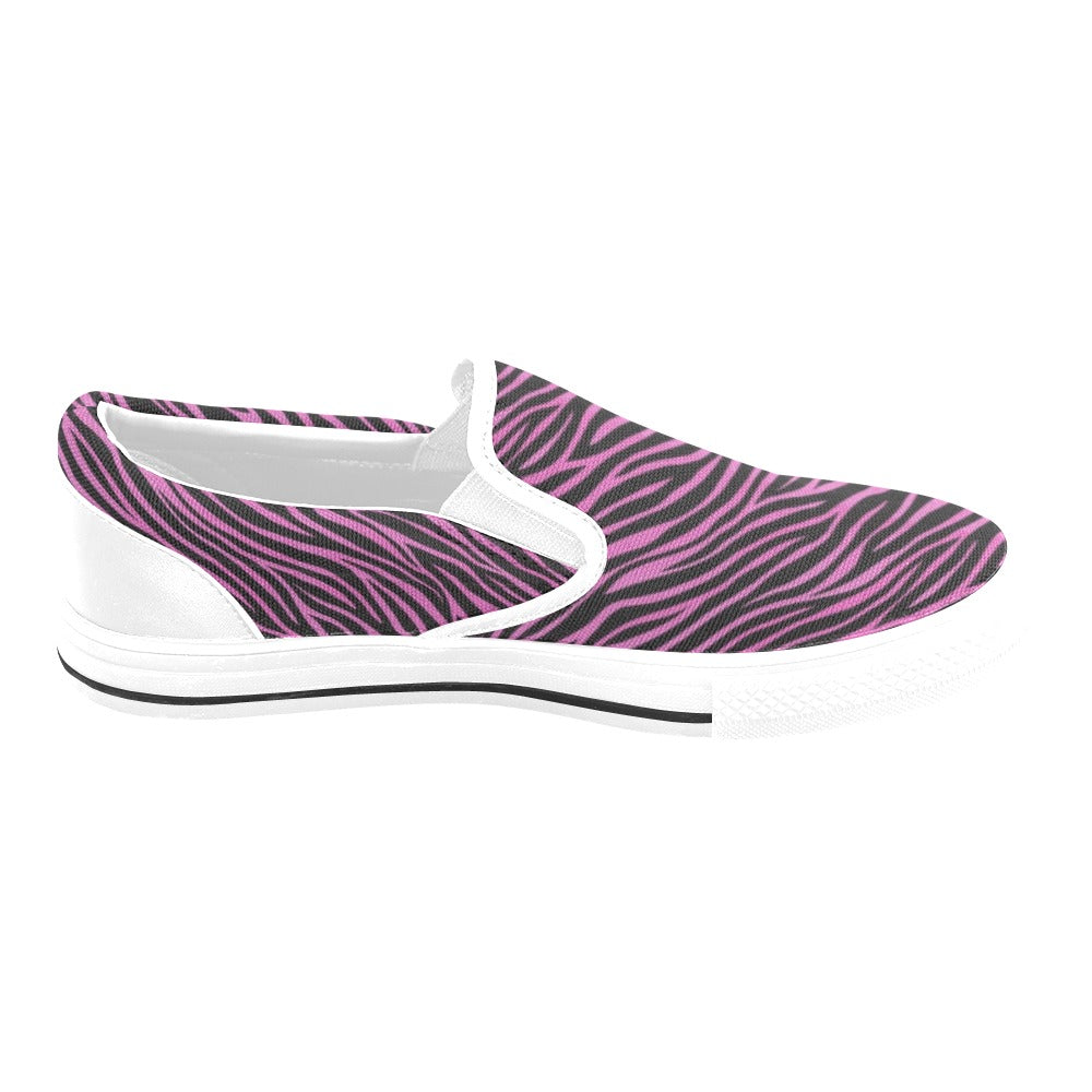 Zebra Pink Print Design LKS304 White Slip Ons Canvas Women's Shoes