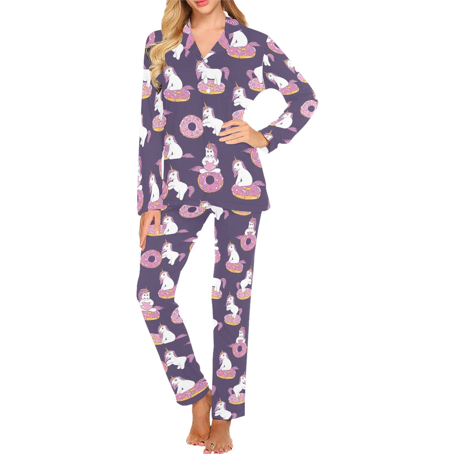 Donut Unicorn Pattern Print Design DN011 Women's Long Pajama Set