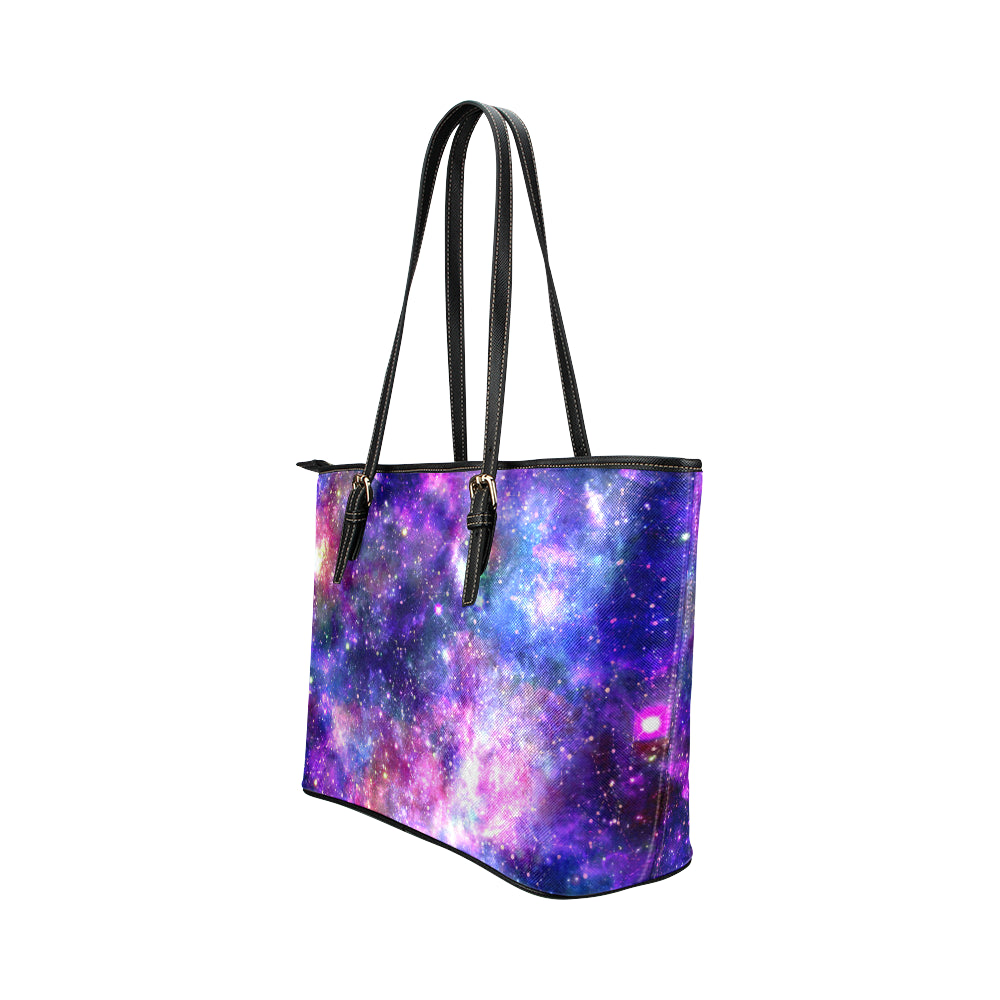 Galaxy Night Stardust Space Print Leather Tote Bag