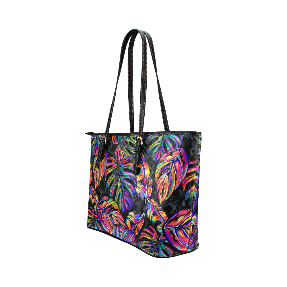 Neon Color Tropical Palm Leaves Leather Tote Bag