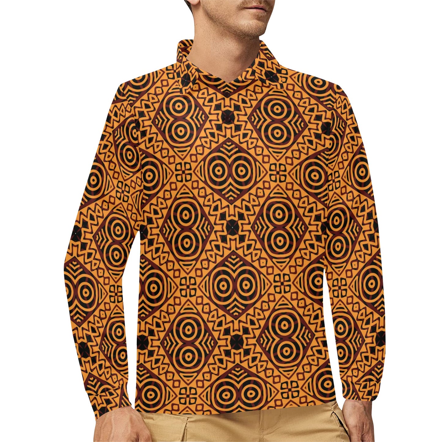 African Pattern Print Design 05 Long Sleeve Polo Shirt For Men's