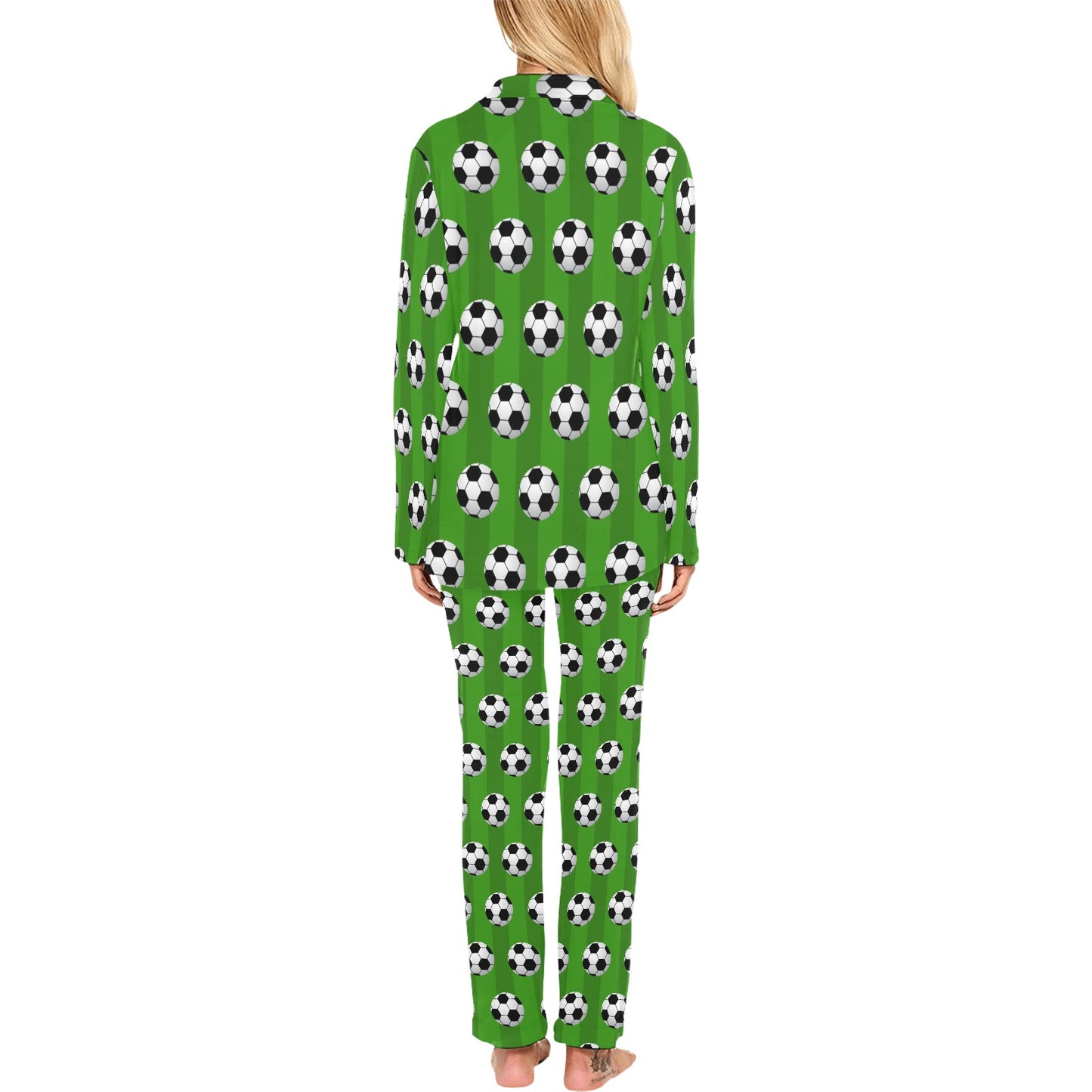 Soccer Ball Green Backgrpund Print Women's Long Pajama Set