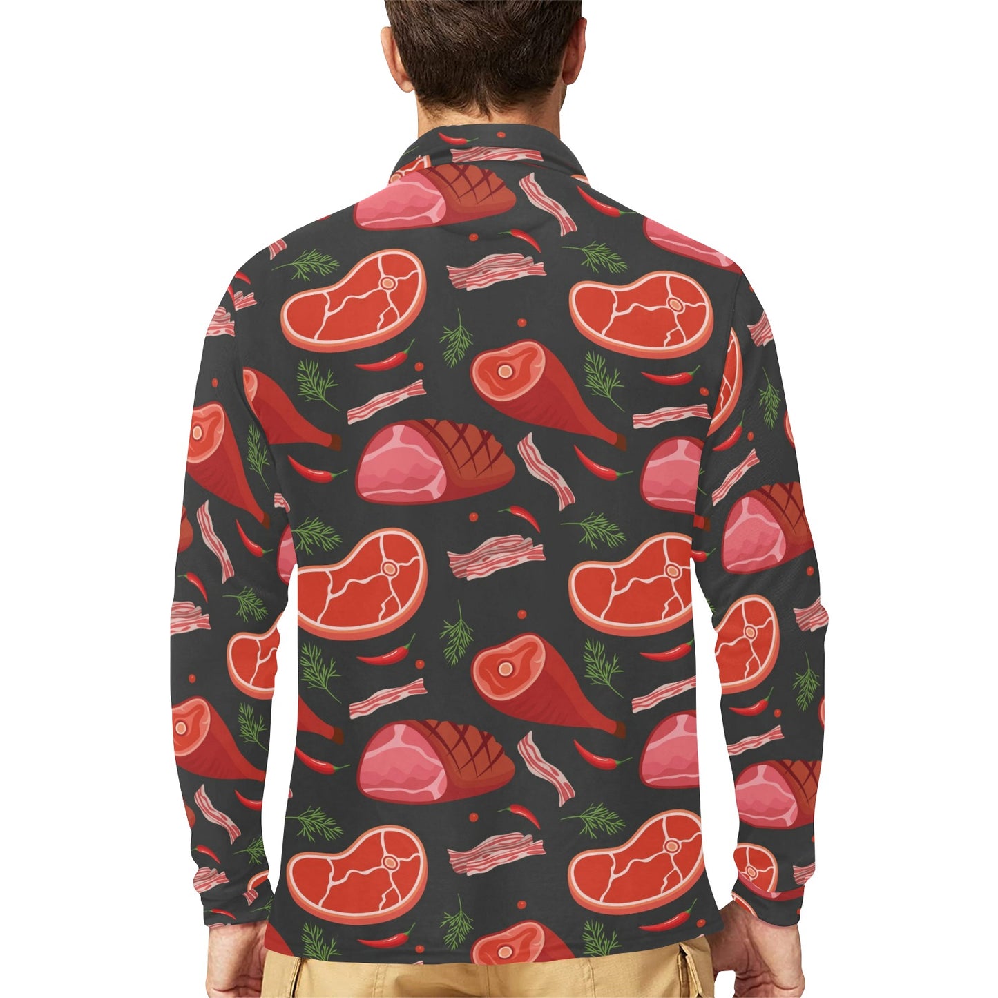 Meat Pattern Print Design 03 Long Sleeve Polo Shirt For Men's