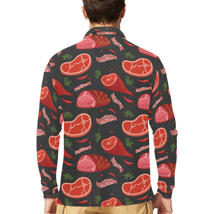 Meat Pattern Print Design 03 Long Sleeve Polo Shirt For Men's