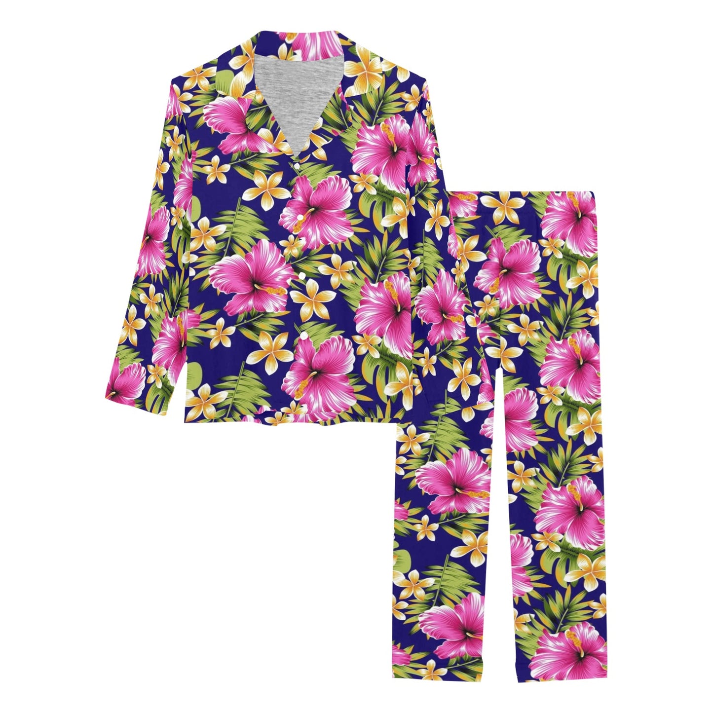 Pink Hibiscus Pattern Print Design HB027 Women's Long Pajama Set