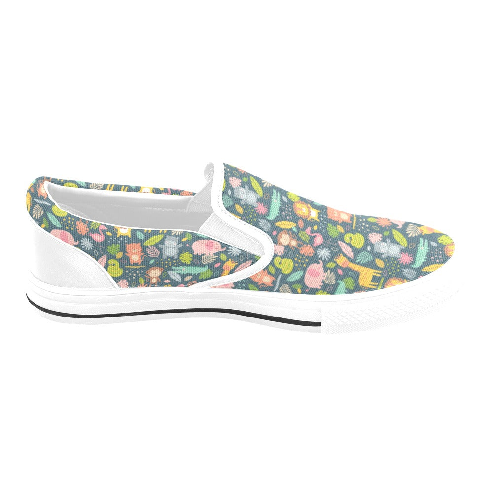Safari Animal Cartoon Print Design LKS305 White Slip Ons Canvas Women's Shoes