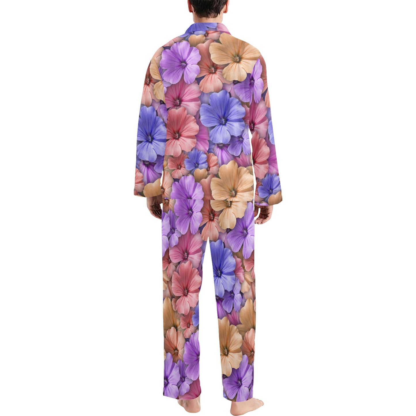 Colorful Geranium Pattern Men's Long Pajama Set